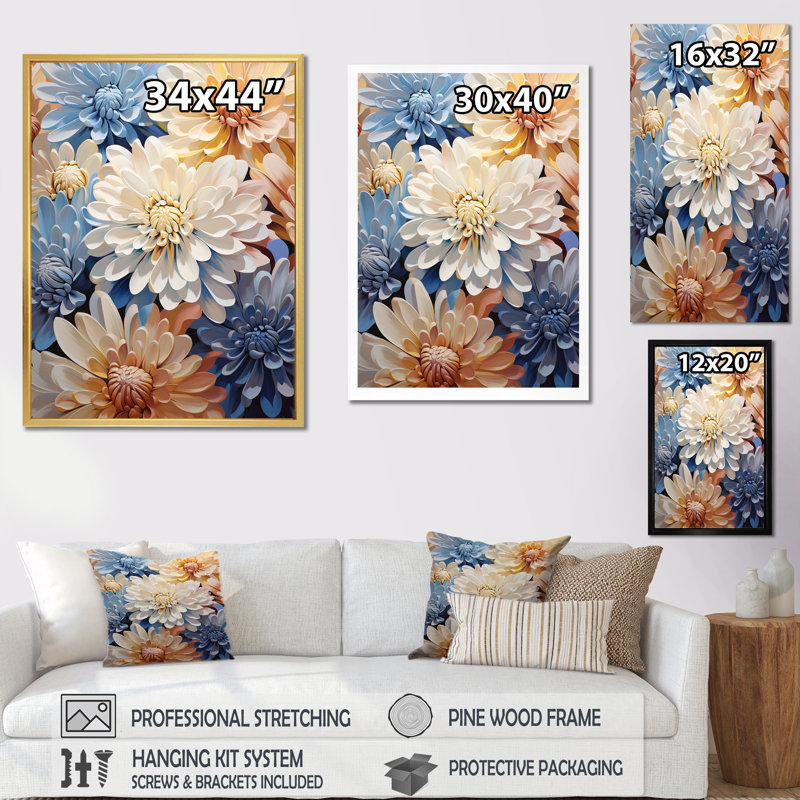 «Garden Bliss Mums» en blanc et bleu sur toile, Cadre doré simple, H 40 po x l 30 po x P 1,5 po