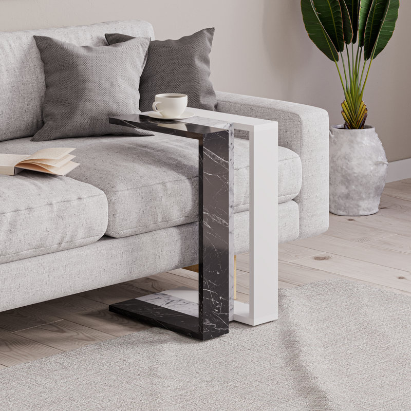 Madelyn Modern Compact C Shape Side Table, Black Marble/White Marble/White