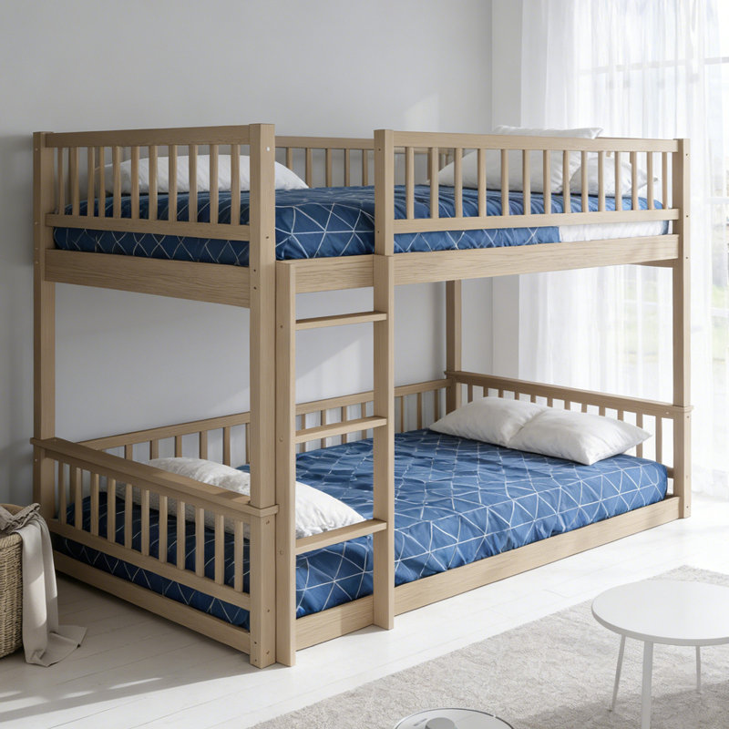 Queen over Queen Bunk Bed with Ladder & Guardrails , Walnut