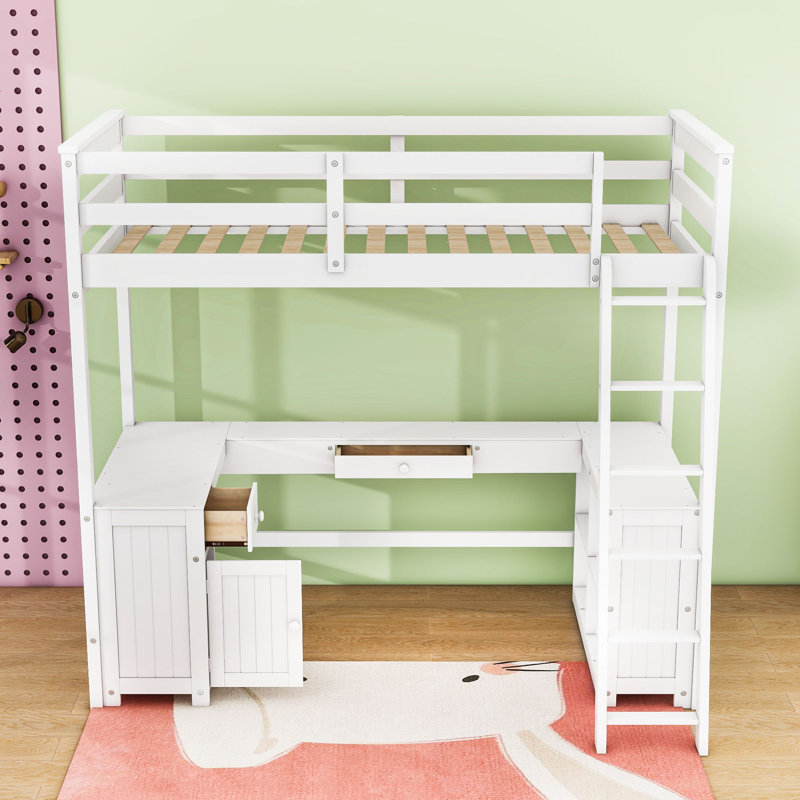 Karthika Wood Loft Bed With U-Shaped Desk, Drawers,Ladder And Storage Shelves, Antique Brown, Full