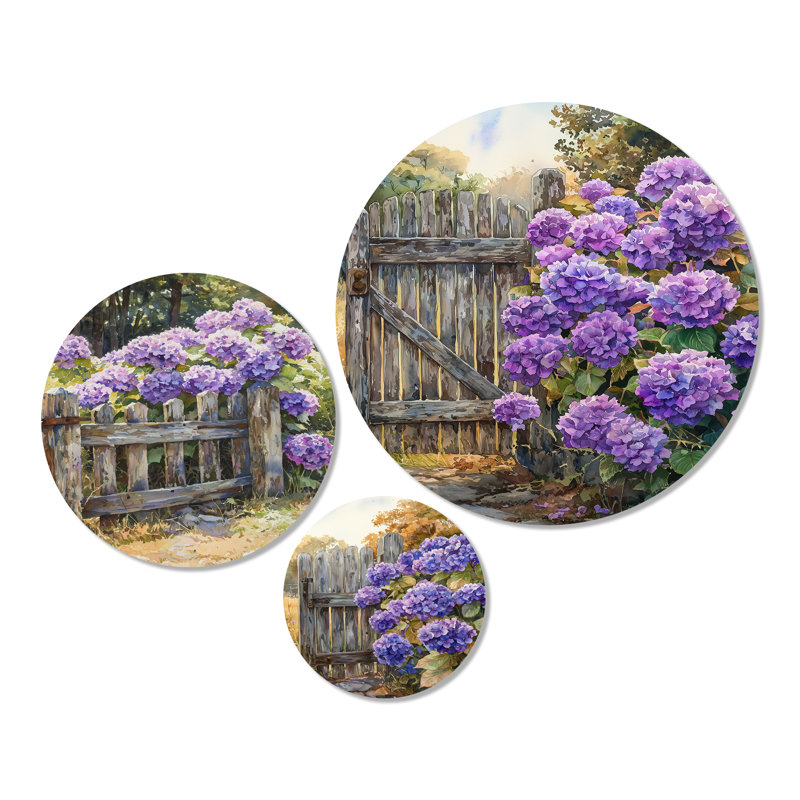 Été hortensias par The Farm Fence I - Floral, art mural en métal 3 pièces