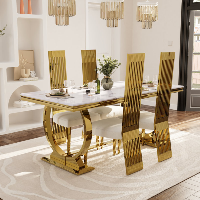 5 Piece Dining Table Set With 4 White Boucle Dining Chairs, Gold, Gray