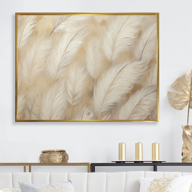 Plumes de plumes III sur toile, Cadre flottant doré, H 34 po x l 44 po x P 1,5 po