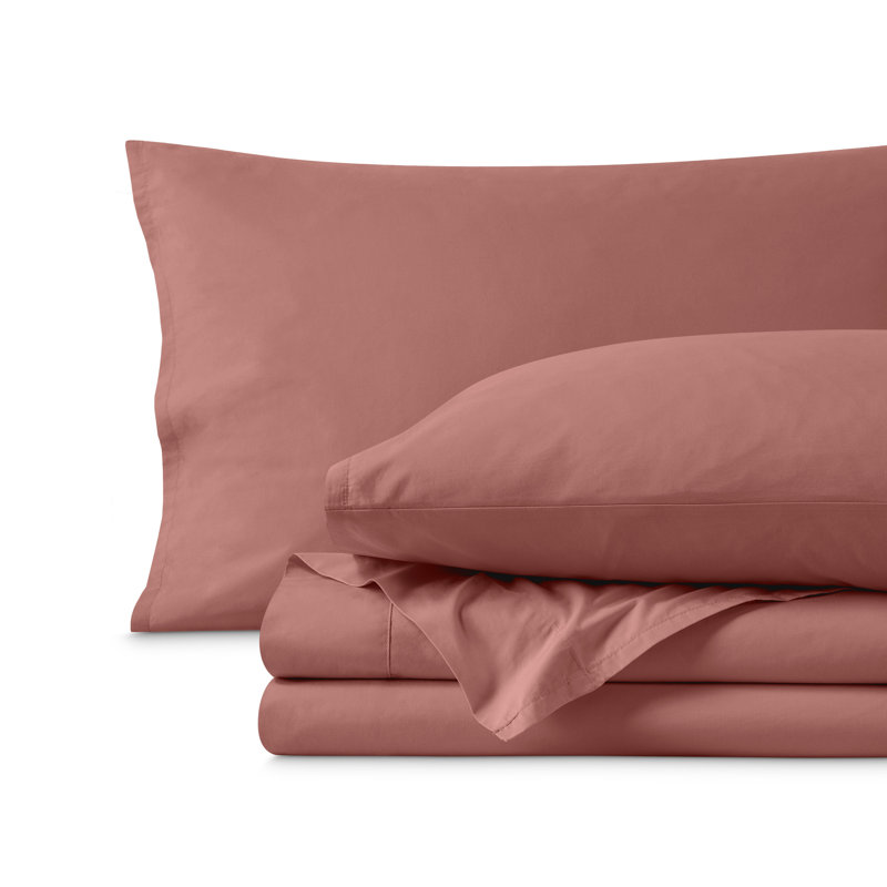 Ensemble de draps 100% coton percale, Ensemble de draps pour grand lit avec 2 taies d'or, Vieux rose