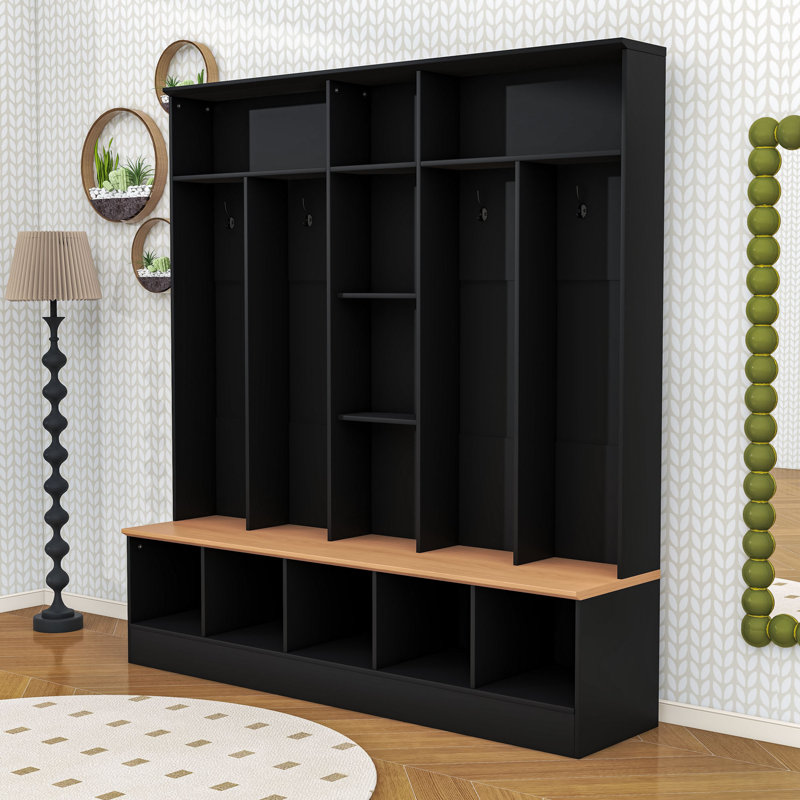 Arbre d'entrée élégant avec finition grain de bois, banc à chaussures, cubes de rangement et tablettes, Black