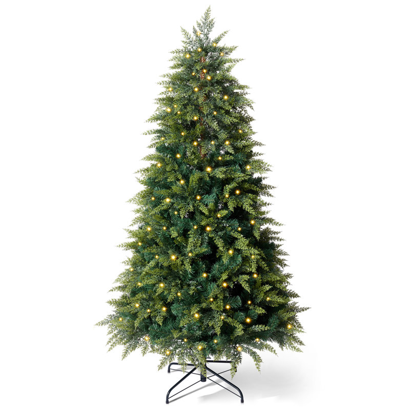 Arbre de Noël en cèdre illuminé 6 pi avec 932 pointes et 350 lumières DEL blanc chaud - Arbre de Noël artificiel en PVC réaliste avec support en métal robuste pour la décoration intérieure