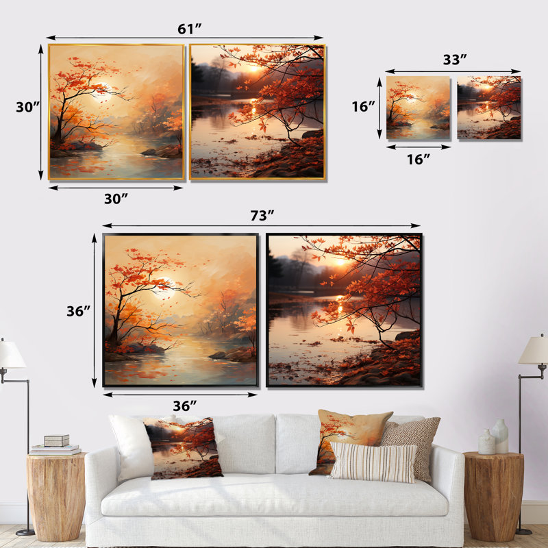 «Autumn Tranquility Lake I - Cottage Lake Mountains», ensemble de 2 impressions sur toile, Cadre flottant doré