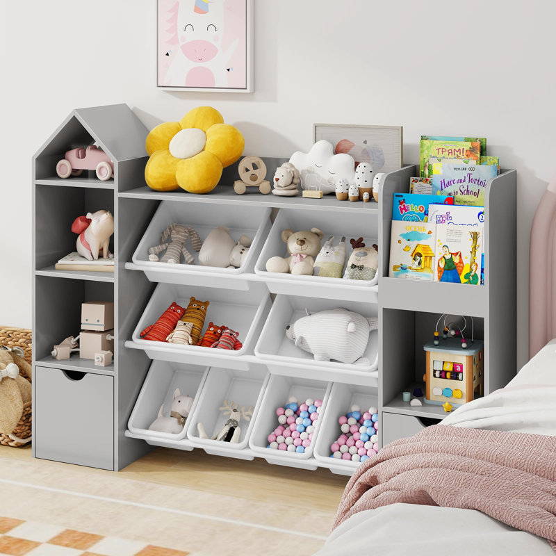 Bibliothèque avec 8 paniers à jouets amovibles, Gris