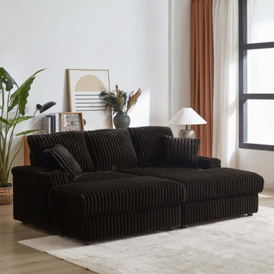 Corduroy 3-seater Sofa with 2 Toss Pillows, 2 Ottoman, 2 Storage Spaces and Cup-Holding Grooves