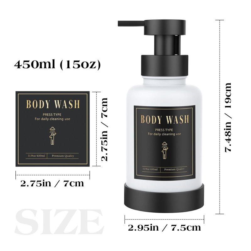 Distributeur de savon moussant, distributeur de savon à pompe en mousse de verre, distributeur de savon à main antidérapant avec 5 étiquettes imperméables, distributeur de savon liquide rechargeable de 15 oz pour salle de bain et cuisine, paquet de 2