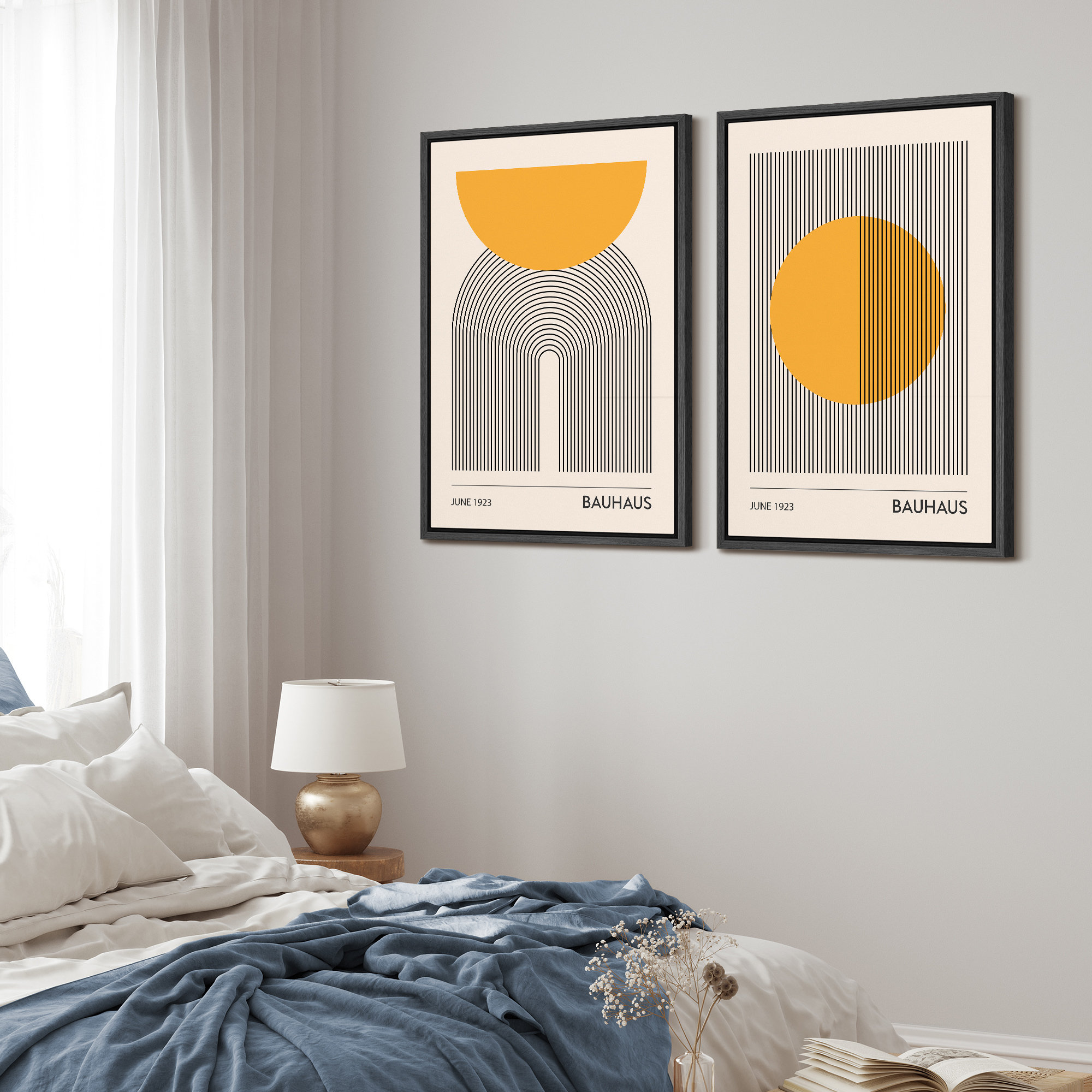 Mid Century Modern Boho Bauhaus Solar Sun Abstract Art Decor Framed On Canvas 2 Pieces Print, Black Floater Framed