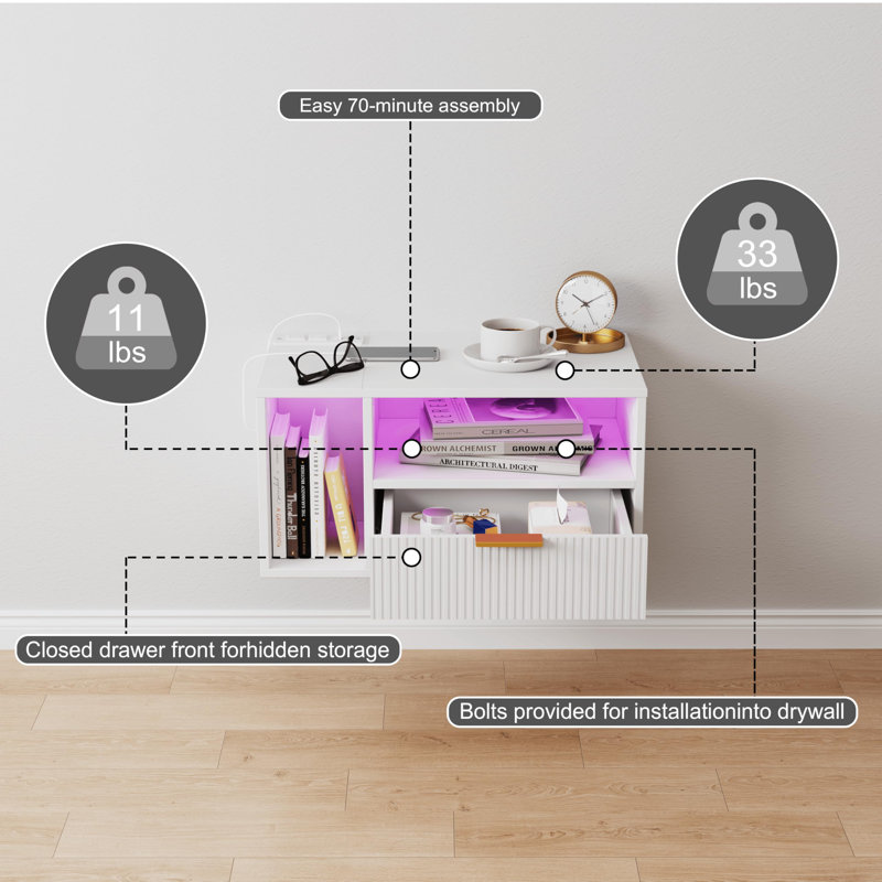 Floating Nightstand With Charging Station And LED Light,, White