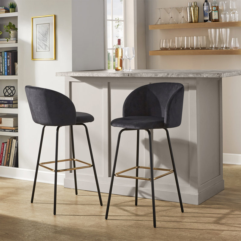 Fixed-Height Barstool With Swivel In Black Metal And Black Velvet With Square Gold Metal Footrest - Set Of 2, Black