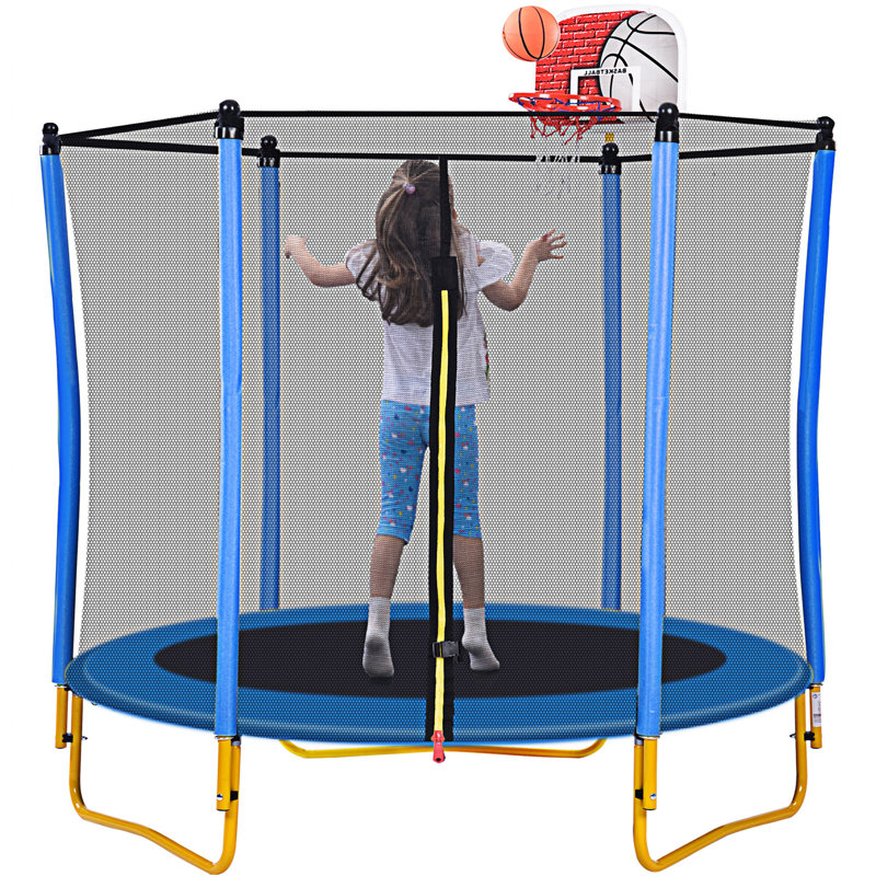 65'' Blue Kids' Trampoline with Enclosure and Basketball Hoop
