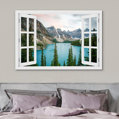 IDÉE4WALL, reproduction d'art sur toile, vue de fenêtre, paysage, montagne, lac, nature, photographie, réalisme, paysage rustique, coloré, multicolore, décor pour le salon, la chambre à coucher, le bureau
