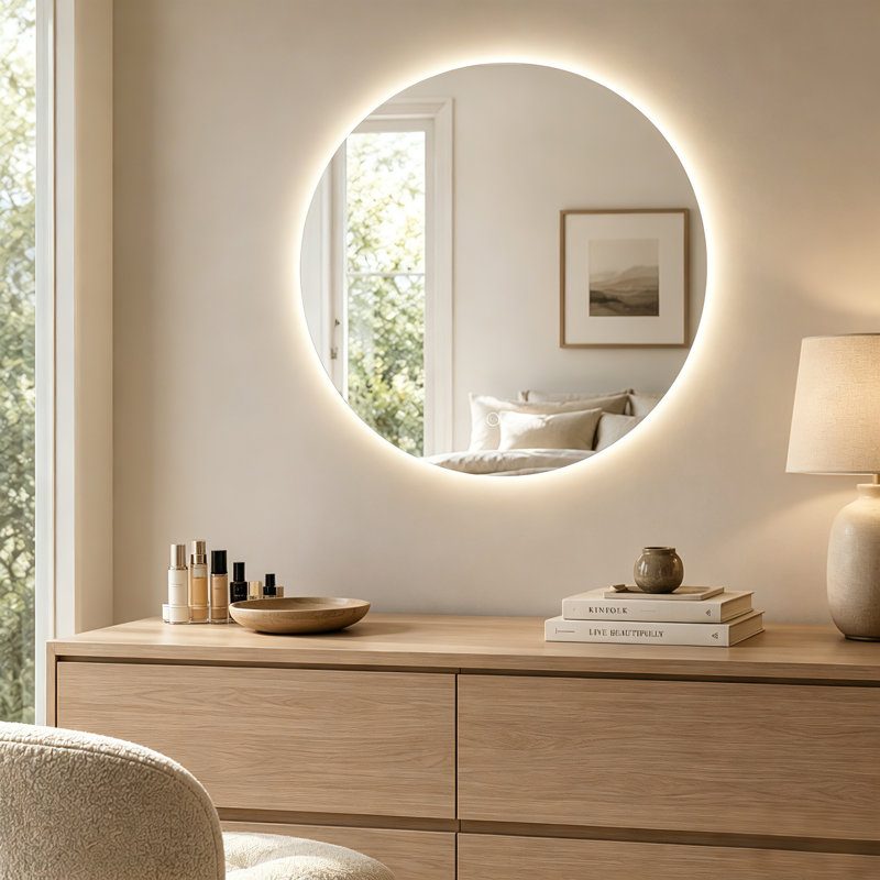 32 Inch Round Frameless LED Bathroom Mirror with Dimmable Three Color Lighting Anti Fog and Shatter Resistant 5 mm Copper Free Silver Glass