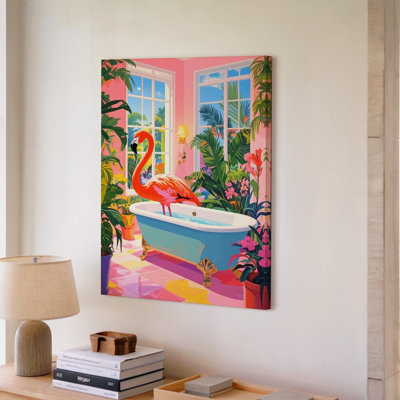 Toile, art mural, scène colorée lumineuse d'un flamant rose dans une salle de bain luxueuse avec de grandes fenêtres