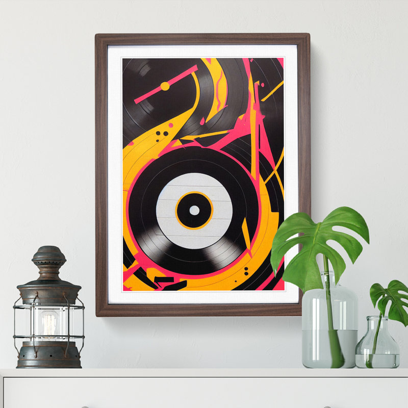XV1022-5039X Vinyl Record Player Abstract - Wall Art, 66cm H x 48cm W  x 2cm D, Walnut Framed Paper, White