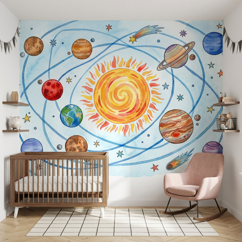Papier peint système solaire solaire aquarelle amovible, Textured Non-Pasted, 120 po x 96 po