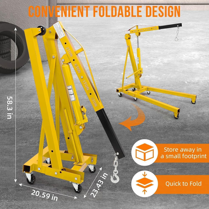 Grue de moteur de 2 tonneaux, grue pliante hydraulique de ramassage de cerise avec 6 roulettes et flèche télescopique, grue robuste pour les ateliers de réparation automobile, les ateliers, les entrepôts, jaune