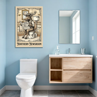 Bath & Laundry Moose lisant un journal dans une scène de salle de bain