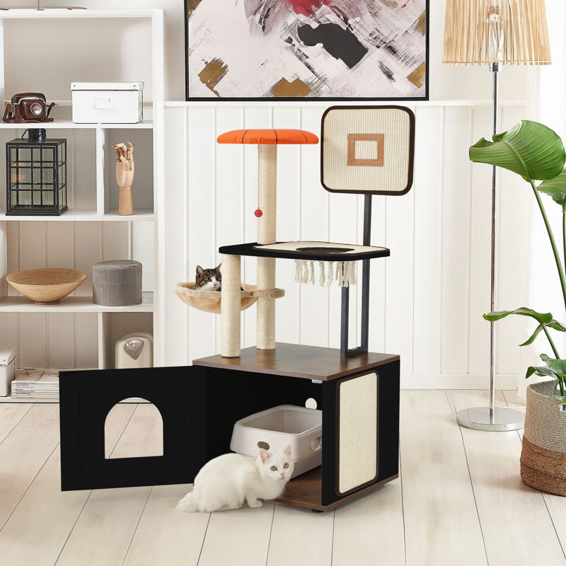 50" Cat Tree, Cat Litter Box Enclosure, 2-in-1 Cat Tower, Cat Condo With Scratching Posts For Indoor Cats, Black