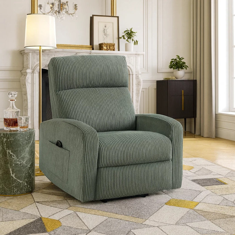 Pary Power Lift Chair, Armrests With Magazine Pocket, Green Corduroy, Green