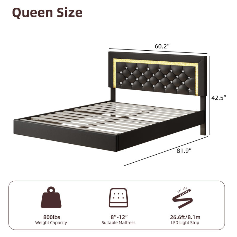 Alber Floating Bed Frame with LED Lights, Upholstered Platform Bed with Diamond Tufted Headboard, No Box Spring Needed, Noise Free, Easy Assembly