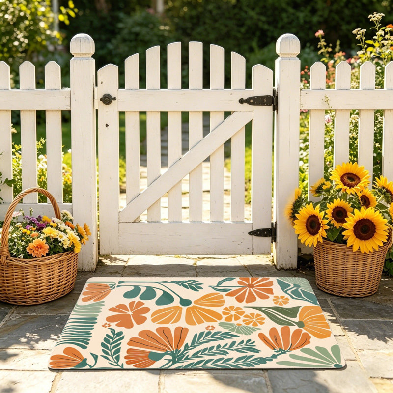 Orange Green Abstract Floral Floor Mat 24"x 36" for Front Door
