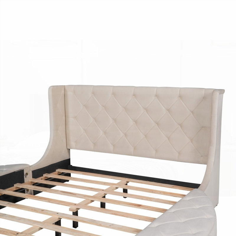 Grand lit plateforme tapissier avec tête de lit à oreilles et amp; 1 grand tiroir, aucun sommier nécessaire Un soutien solide!
