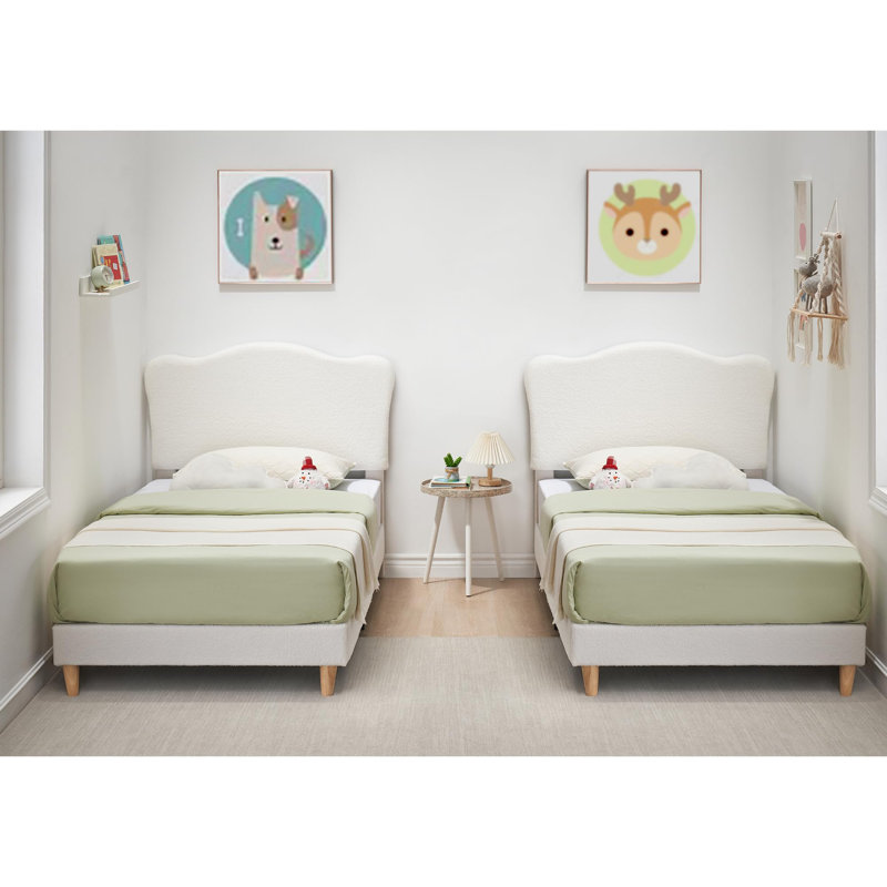 Lit plateforme pour enfant en polaire sherpa, tête de lit rembourrée réglable, sommier à lattes en bois silencieux, sans sommier tapissier – Beige
