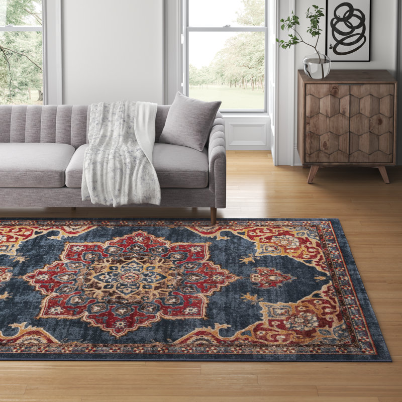 Tapis bleu marine d'inspiration persane Lieveke, Rectangulaire 7 pi 1 po x 10 pi