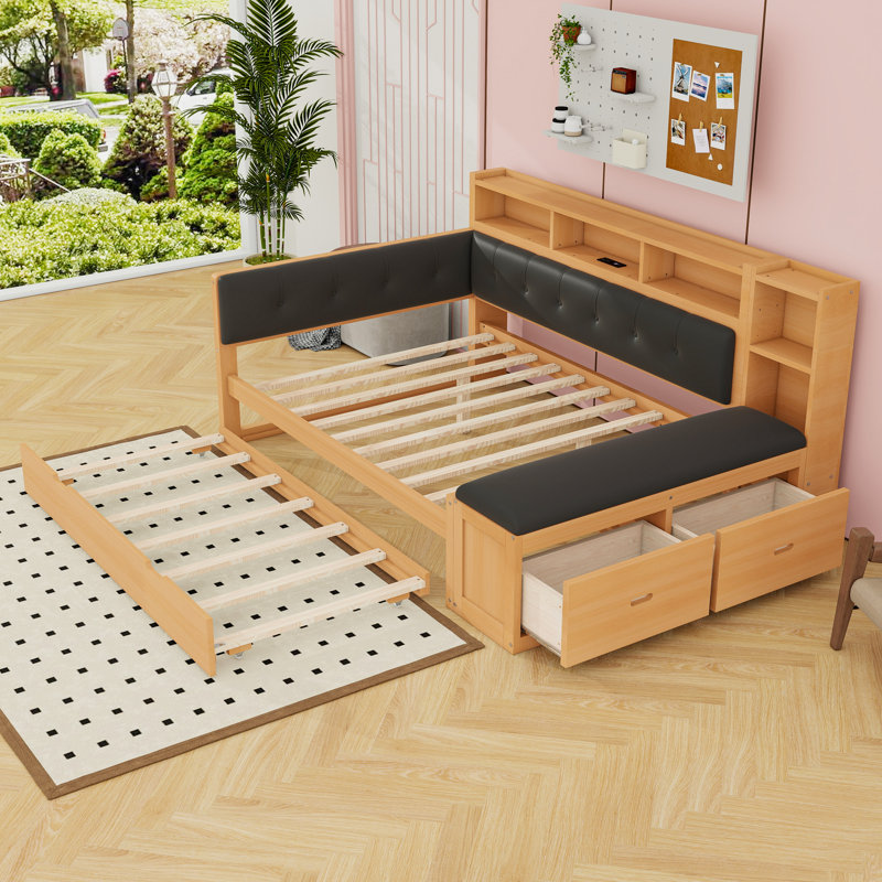 Lit de jour double en bois avec lit gigogne, rangement intégré et ports de charge USB, Naturel noir