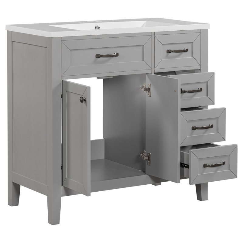 Meuble-lavabo 36 po avec lavabo, armoire de salle de bain avec tiroirs, cadre solide et panneau de fibres à densité moyenne, gris