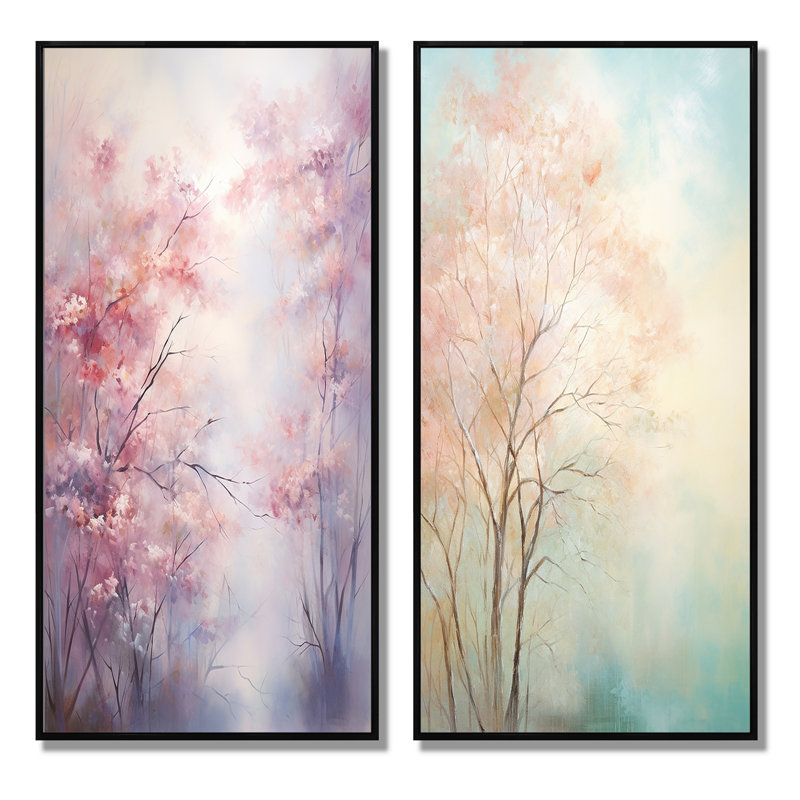 «Pink Trees Romantic Impression», 2 pièces, H 32 po x l 32 po, Cadre noir