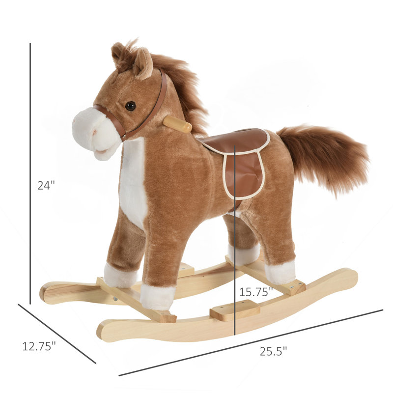 Cheval à bascule en peluche sur des chaises berçantes en bois, chaise berçante avec sons, gueule mobile, queue qui remue, brun