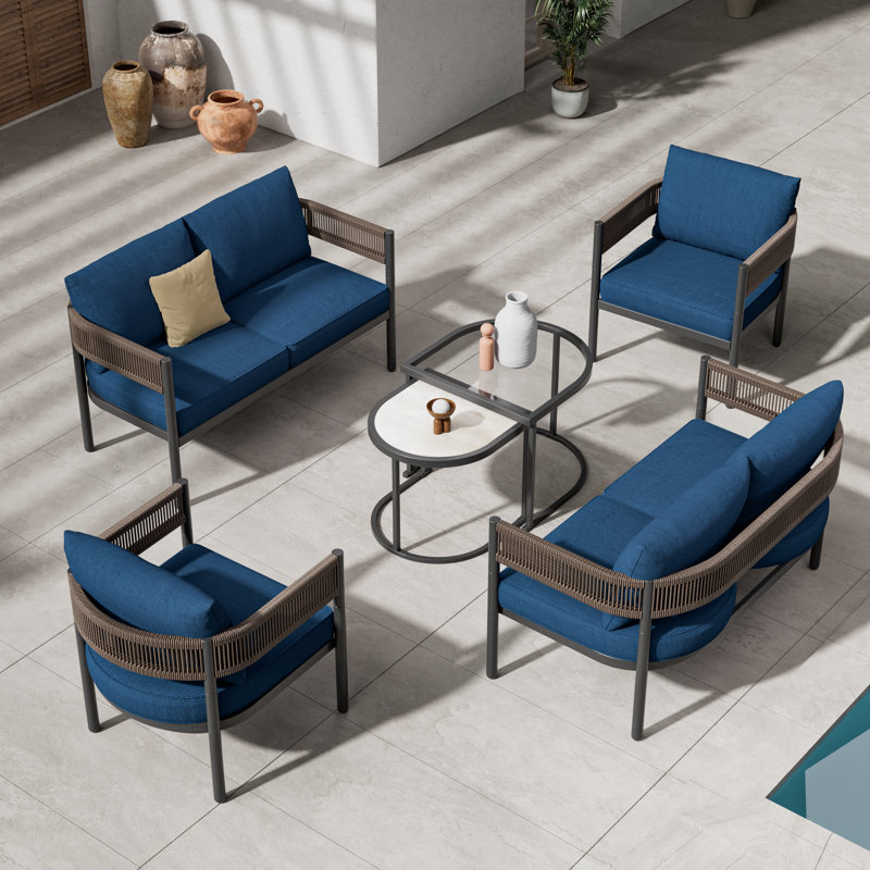 Maine Defino 6 Piece Steel Wicker Seating Group With Cushions, Peacock Blue Cushion/Brown Arm