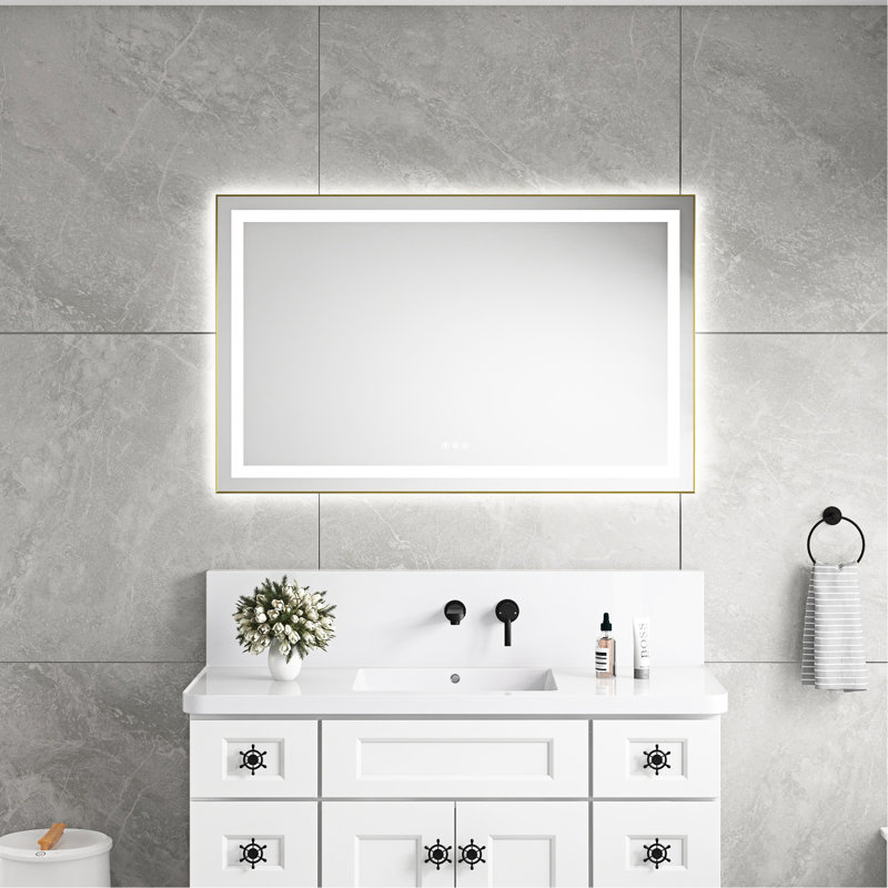 Miroir de salle de bain 48 "x 30" à DEL avec 3 températures de couleur, brouillard, cadre en aluminium, fixation murale, options de mémorisation de brouillard, gradation continue, caractéristique, couleurs, avant et rétroéclairage, or brossé