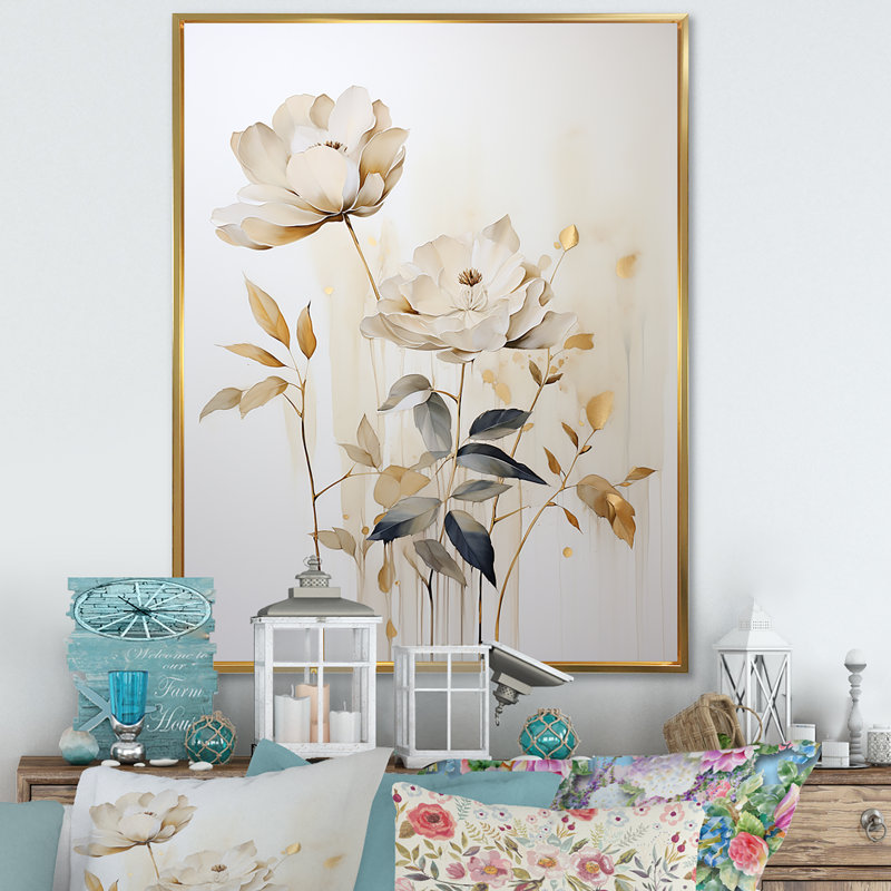 Beige minimalisme botanique sérénité III, reproduction d'art sur toile, Cadre flottant doré, H 20 po x l 12 po x P 1 po