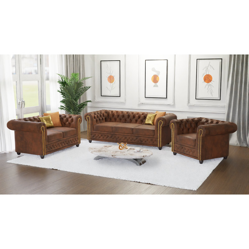 Chesterfield Friedrich Sofa Set with Sleeping Function 3+2+1 Made of Vintage Look Microfibre with Solid Wood Legs, Brown