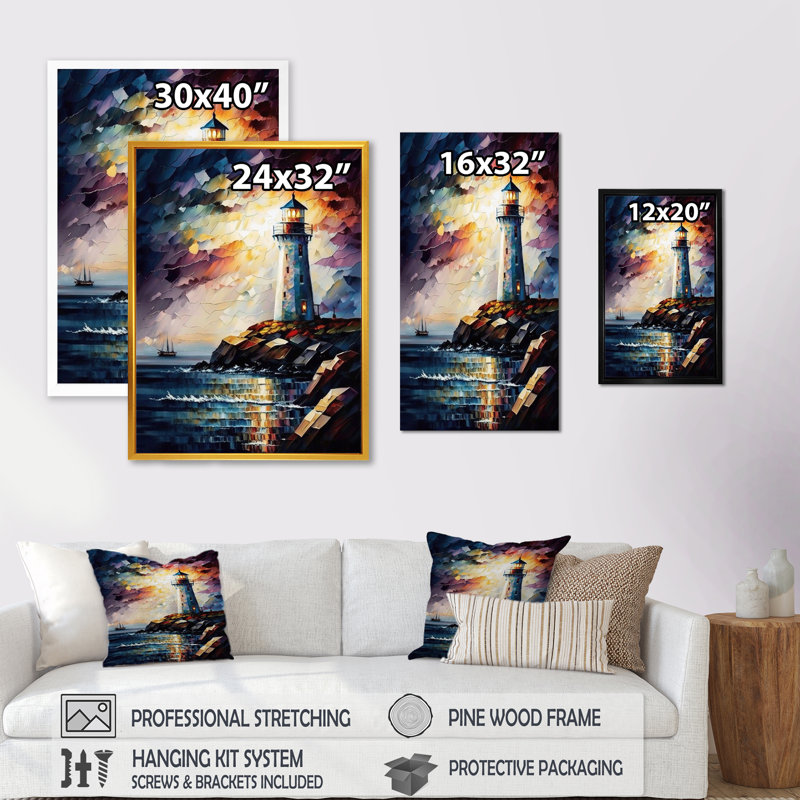 Phare sur la côte III - reproduction sur toile, H 40 po x l 30 po x P 1,5 po, Impression dorée sur toile encadrée