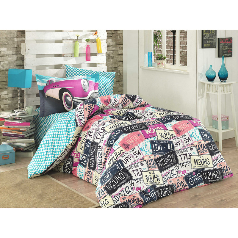 Ensemble de housse de couette en popeline 100% coton, taille simple, 63 x 87 | Comprend une housse de couette, un drap plat et une taie d'oreiller | Lavable à la machine, 152 fils, fermeture à boutons, couleurs élégantes rose, bleu, noir et crème | D