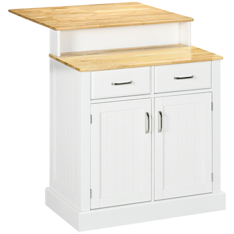 White and Light Brown Rubber Wood Kitchen Island with Storage Cabinet