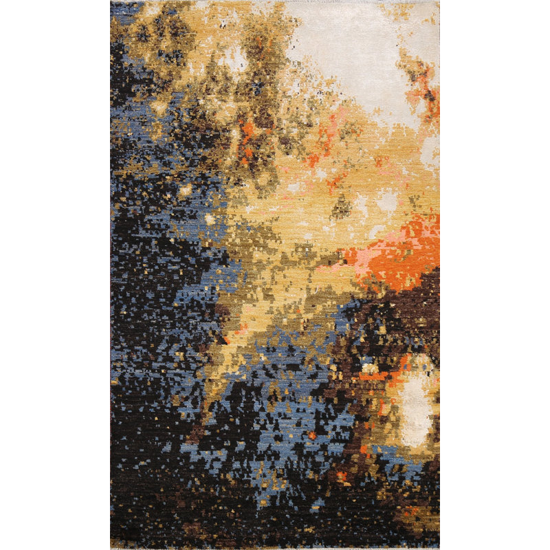 Tapis noir / or / bleu noué à la main de conception unique 4 pi 2 po x 6 pi 10 po New Age