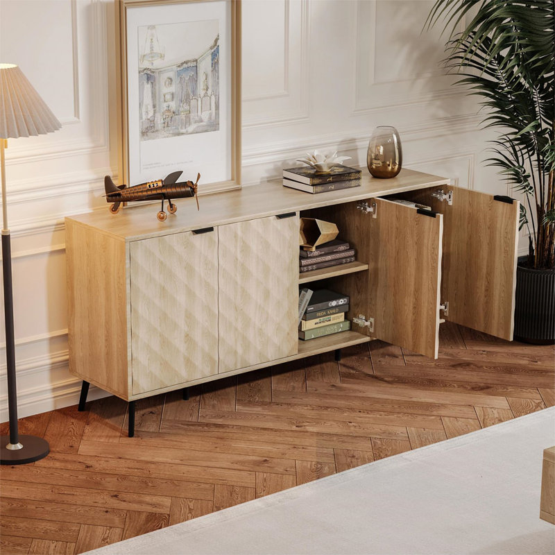Buffet 62 pouces à flûte diamantée, armoire de rangement en forme de losange, Grain du bois