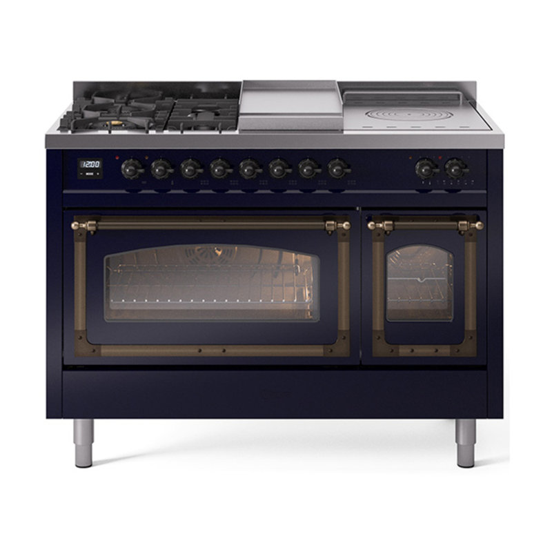 ILVE Nostalgie II Noblesse 48 inch Dual Fuel Range (5 Sealed Burners + Griddle + French Top, Triple Glass Door), Chrome