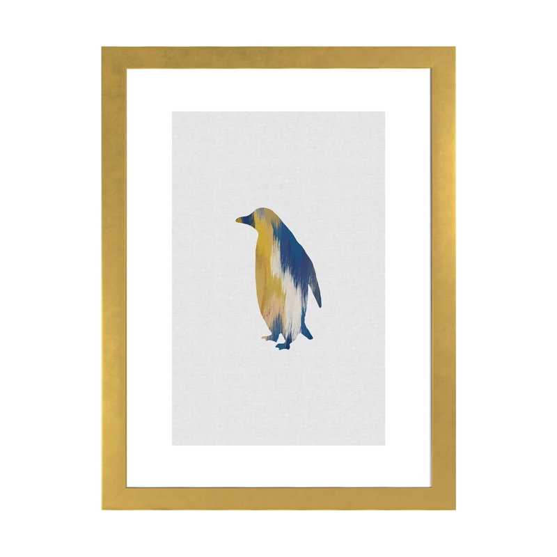 Pingouin bleu et jaune - impression d'art graphique, H 24 po x l 16 po x P 1 po, Papier encadré doré