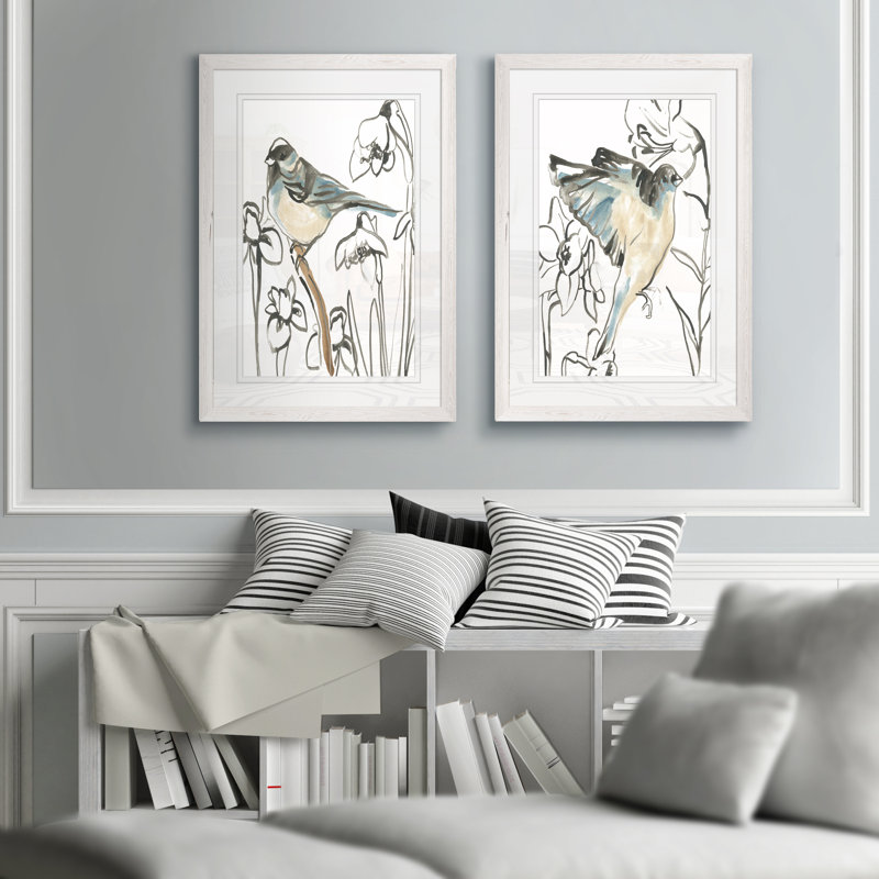 Songbird Meadow - ensemble de 2 peintures encadrées, H 20 po x l 16 po, Toile encadrée, Blanc