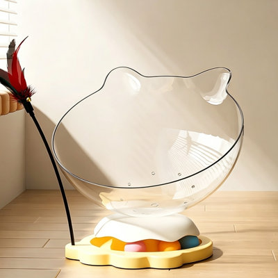 Lit pour chat à tête d'espace de chat transparent avec jouet boule de jeu, jouet multifonctionnel pour chaton avec ventouses à baguette en plumes, animal de compagnie interactif pour soulager l'ennui des chats d'intérieur