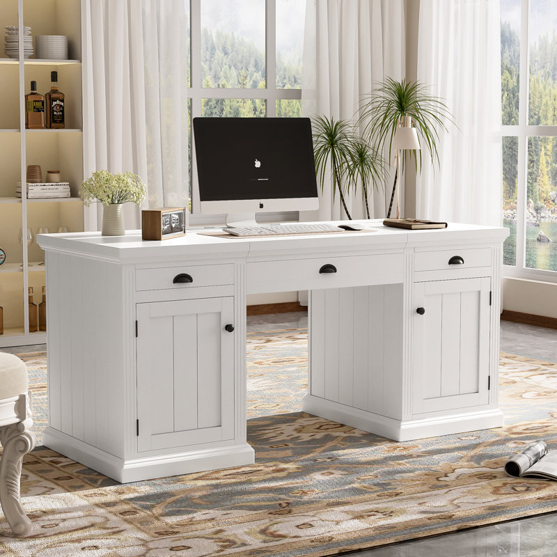 Bureau blanc de 170 cm avec 2 armoires, 3 tiroirs et un grand espace pour les jambes pour un environnement de travail confortable. Rangement et ports inclus. Aménagement de bureau à domicile.